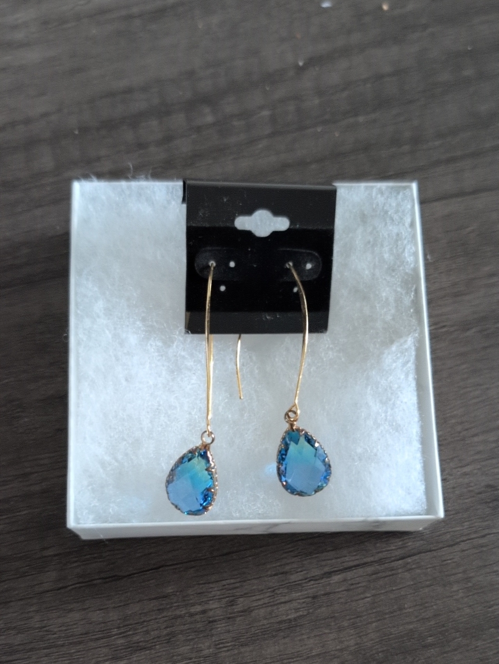 Blue Teardrop Crystal Dangle Earrings - Gold Finish